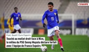 Touché au mollet droit face à Nice, le milieu du PSG Senny Mayulu déclare forfait avec l'équipe de France Espoirs - Foot - Qualif. Euro Espoirs