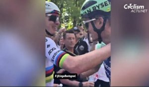 Liège-Bastogne-Liège 2026 - Tadej Pogacar et Paul Seixas en train de discuter et de plaisanter après la course