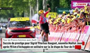 Succès de prestige pour Sigrid Ytterhus Haugset, nouvelle Maillot Jaune après 90 km d'échappée en solitaire sur la 3e étape du Tour de France - Tour de France femmes avec Zwift
