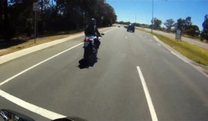 Un kangourou saute par dessus un motard pour traverser la route
