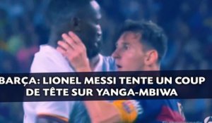 Barça: Lionel Messi tente un coup de tête sur Yanga-Mbiwa