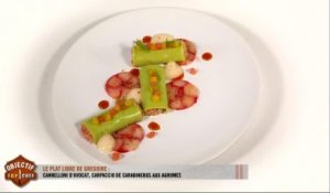 Le plat libre de Grégoire : cannelloni d'avocat, carpaccio de carabineros aux agrumes