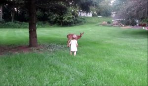 Bambi se laisse caresser par une petite fille de 2 ans... Trop mignon le Faon