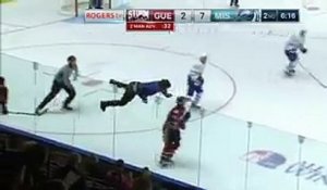 Un supporter de Hockey descend sur la glace et glisse pour s'amuser en plein match