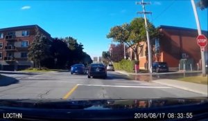 Quand un automobiliste double à un stop mais au plus mauvais moment !