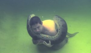 Cet homme nage tranquillement dans une piscine avec un énorme anaconda