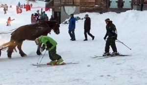 Un homme ivre est incapable de chausser ses skis