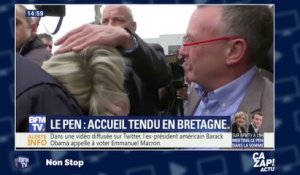 Marine Le Pen se prend un oeuf sur la tête lors d'une visite en Bretagne