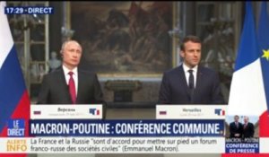 La rencontre Vladimir Poutine-Marine-Le Pen "n'est même pas de la littérature", dit Emmanuel Macron