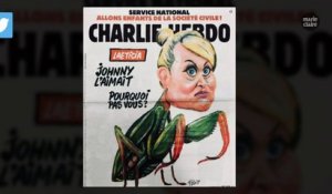 Laeticia dessinée en mante religieuse à la Une de Charlie Hebdo