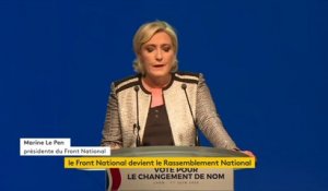 Changement de nom du Front national en Rassemblement national : "Ce changement ne relève pas d'un effet de mode (...) Le monde change et nous aussi. Il souffle sur le monde et sur l'Europe un vent nouveau", explique Marine Le Pen