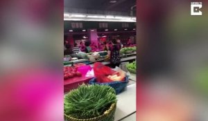 Une bataille de nourriture dans un marché de viande de Shanghai