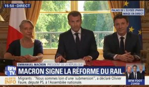 Signature de la réforme du rail: "Par cette loi, le gouvernement prend ses responsabilités pour faire ce qui était évité depuis tant de décennies", déclare Macron