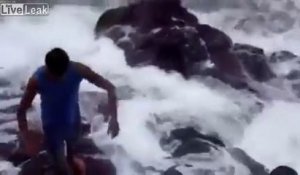 Miraculé - emporté par les vagues dans les rochers !