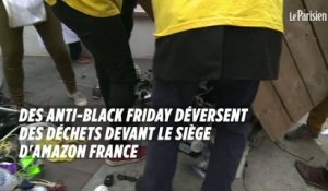 Des anti-Black Friday déversent des déchets devant le siège d'Amazon à Clichy