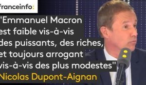 Propos de Macron à un chômeur : "Emmanuel Macron est faible vis-à-vis des puissants, des riches, et toujours arrogant vis-à-vis des plus modestes", juge Nicolas Dupont-Aignan