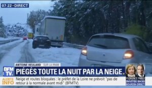 Ces automobilistes sont toujours bloqués par la neige ce matin sur la RN88, entre la Loire et la Haute-Loire