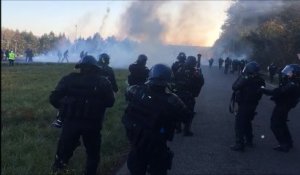 À l'aide de gaz lacrymogène, les forces de l'ordre tentent de déloger les gilets jaunes qui occupent l'A31 à Frouard