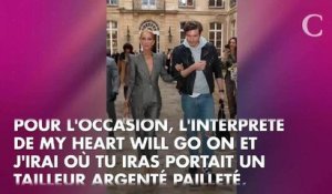 PHOTOS. Céline Dion : costume argenté et épaulettes, son look scintillant pour assister au défilé Ronald Van Der Kemp à Paris