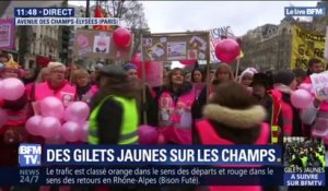 Gilets jaunes et gilets roses manifestent sur les Champs-Élysées ce matin