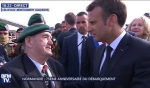 "Vous honorez les camarades qui sont tombés (..) vous inspirez tous ces jeunes" dit Emmanuel Macron à Léon Gauthier, membre des commandos Kieffer