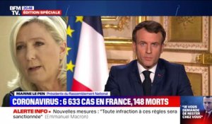 Marine Le Pen juge que les annonces d'Emmanuel Macron n'ont pas été "suffisamment claires pour que chacun comprenne qu'il s'agit de confinement"