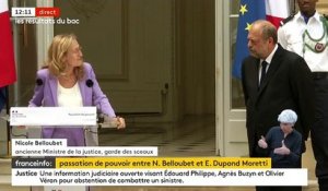 Remaniement: Nicole Belloubet craque, les larmes aux yeux, lors de la passation de pouvoir avec Eric Dupond-Moretti au ministère de la Justice