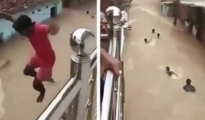 Ils plongent volontairement dans un torrent pendant de fortes inondations (Inde)