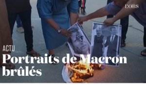 Des portraits d'Emmanuel Macron et le drapeau français brûlés par des manifestants libyens