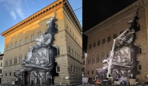 Signée JR, cette magnifique œuvre en trompe-l'œil « ouvre » la façade d'un musée de Florence, fermé pendant le confinement