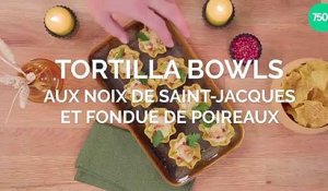 Tortilla Bowls aux noix de Saint-Jacques, citron vert, baies roses et fondue de poireaux