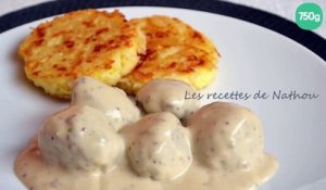 Boulettes aux oignons, sauce moutarde et balsamique et galettes de riz à la mozzarella