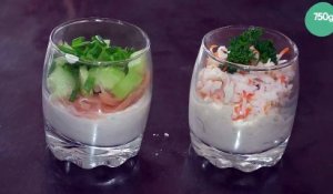 Verrine de saumon fumé, concombre, surimi