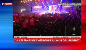 Fabien Roussel, le candidat communiste e meeting à Marseille annonce vouloir "rétablir et tripler l'impôt sur la fortune et augmenter les salaires à 1.500 euros net"