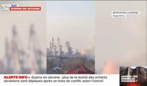 Dans le port de Berdiansk en Ukraine, un navire de guerre russe est en feu