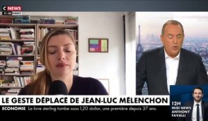 Elodie Mielczareck, spécialiste en décryptage de la communication politique, analyse le geste de Jean-Luc Mélenchon sur le visage de Paul Gasnier, journaliste de "Quotidien"