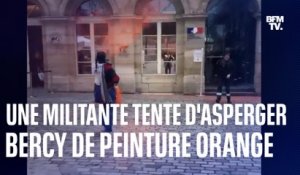 Une militante écologiste de Dernière Rénovation tente d'asperger de peinture orange le ministère de l'Économie