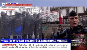 Réforme des retraites: au cœur d'un escadron de gendarmes qui encadre le deuxième cortège parisien