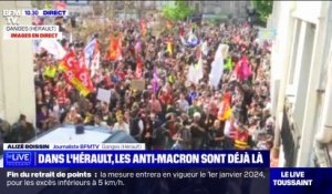 Les images des manifestants qui attendent Emmanuel Macron à Ganges, dans l'Hérault