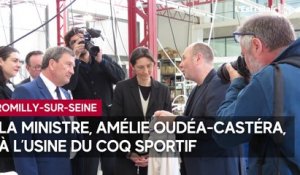 La ministre, Amélie Oudéa-Castéra, à l’usine du Coq Sportif de Romilly-sur-Seine
