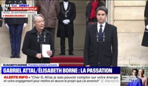 Passation Elisabeth Borne-Gabriel Attal: Élisabeth Borne remercie les membres de son gouvernement ainsi que les députés de sa majorité