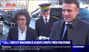 Arrivée d'Emmanuel Macron et de Rachida Dati à Clichy-sous-Bois pour la visite des Ateliers Médicis