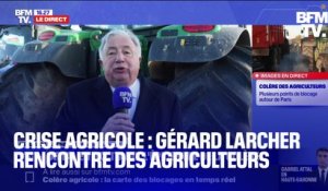 Saint-Arnoult : Gérard Larcher échange avec des agriculteurs qui bloquent l'autoroute