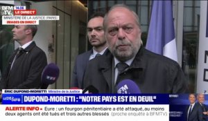 "Notre pays est en deuil": Éric Dupond-Moretti rend hommage aux deux agents morts après l'attaque d'un fourgon pénitentiaire dans l'Eure