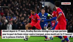 Le groupe du PSG avec le revenant Bradley Barcola pour le quart de finale retour de Ligue des champions contre Liverpool - Foot - Ligue des champions - PSG