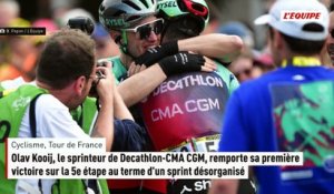 Olav Kooij, le sprinteur de Decathlon-CMA CGM, remporte sa première victoire sur la 5e étape au terme d'un sprint désorganisé - Cyclisme - Tour de France 2026