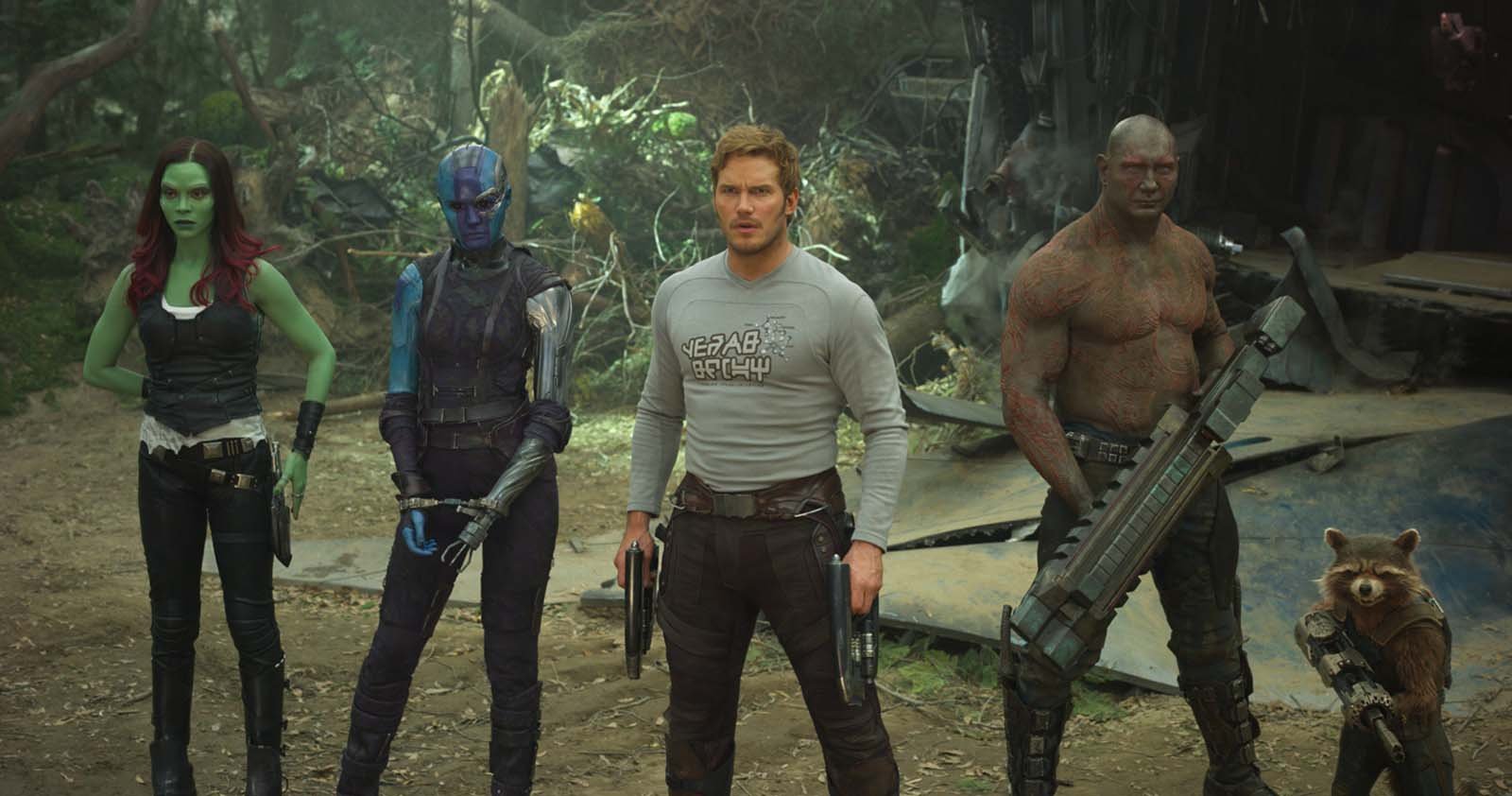 Chris Pratt, Dave Bautista, Karen Gillan et Zoe Saldana dans 