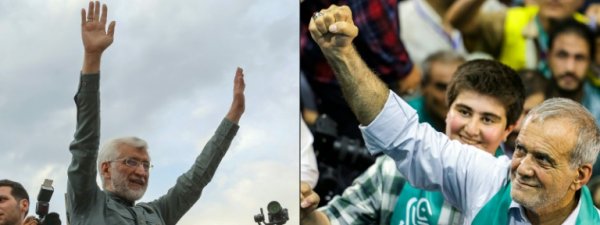 Photo montage fait le 29 juin 2024 montrant des photos d'archive des deux candidats qualifiés pour le second tour de l'élection présidentielle en Iran, l'ultraconservateur Saïd Jalili (G) et le réformateur Massoud Pezeshkian (D)
